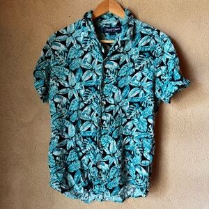 Blue Casual Button Down Shirt with Tropical Print